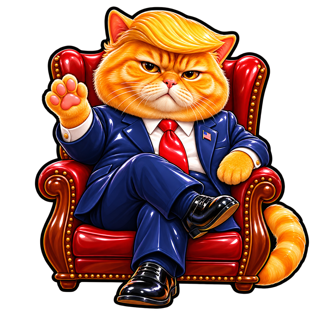 Trump Cat waving from a red leather armchair