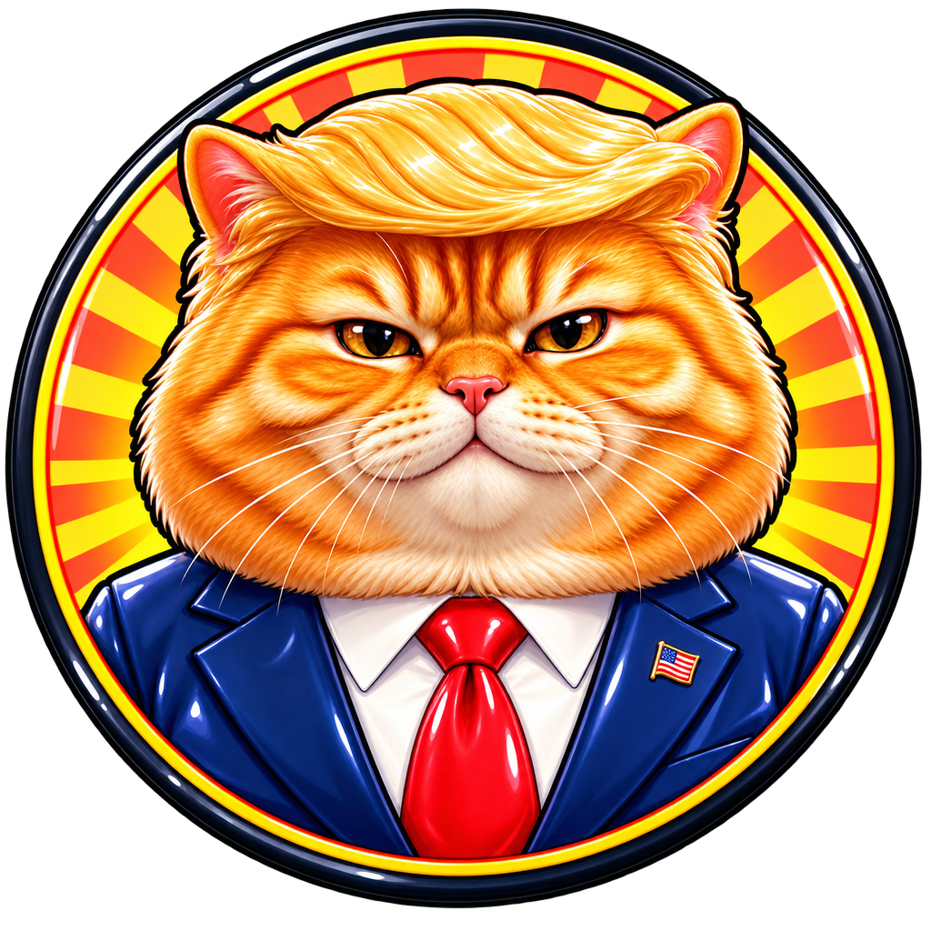 Round glossy badge portrait of Trump Cat