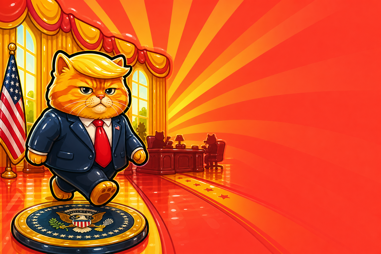 Trump Cat walking confidently across the presidential seal rug